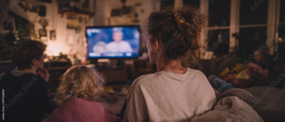 Obraz premium Family sitting on a sofa together watching TV in a cozy living room setting