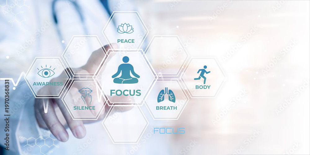 Fototapeta premium Doctor interacting with digital interface showing health and wellness icons for mindfulness and wellbeing concepts