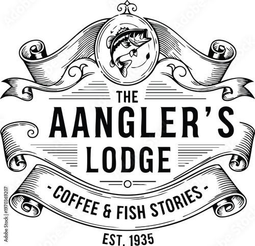 The angler lodge coffee and fish stories badge vector