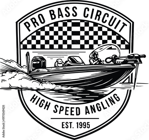 Pro bass circuit high speed angling boat badge vector