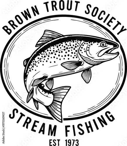 Brown trout society stream fishing vintage badge vector