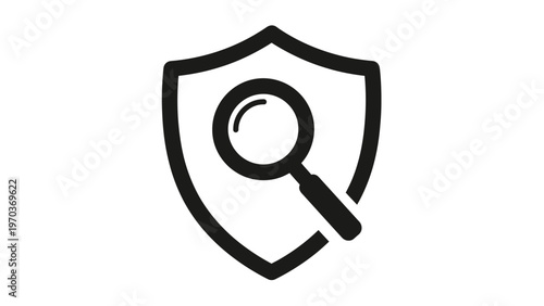 A black magnifying glass is placed over a black shield icon on a white background