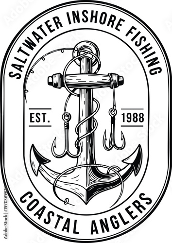 Fotografia Saltwater inshore fishing anchor coastal anglers badge vector
