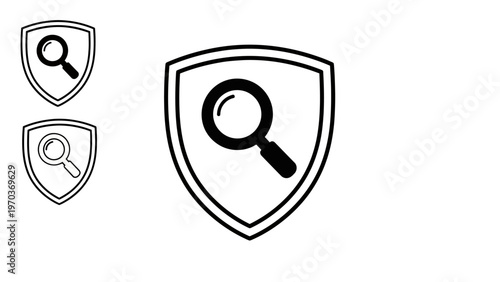 Black shield icons with magnifying glasses inside, on a white background