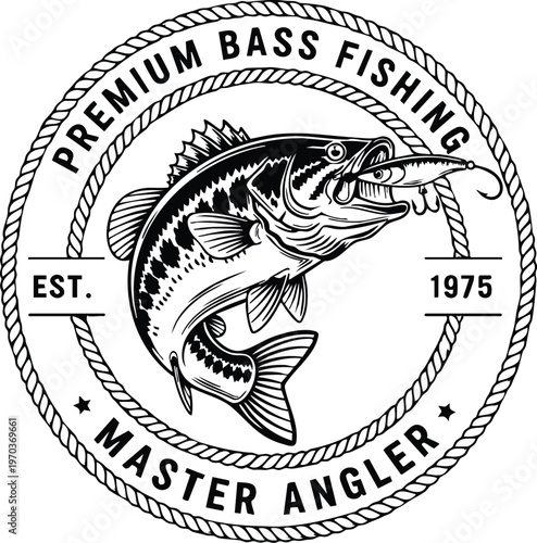 Premium bass fishing master angler vintage badge vector