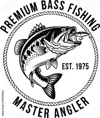 Premium bass fishing master angler round logo vector