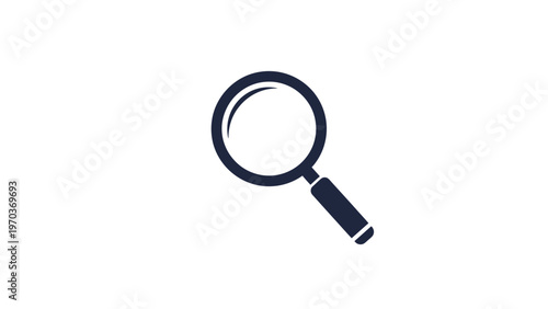 A dark blue magnifying glass icon is centered on a white background