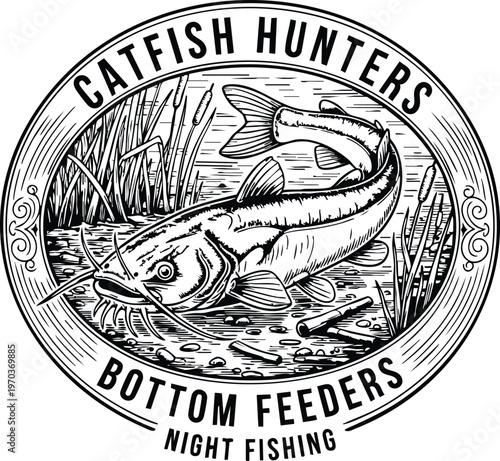 Catfish hunters bottom feeders night fishing badge vector