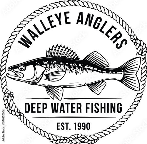 Walleye anglers deep water fishing vintage emblem vector