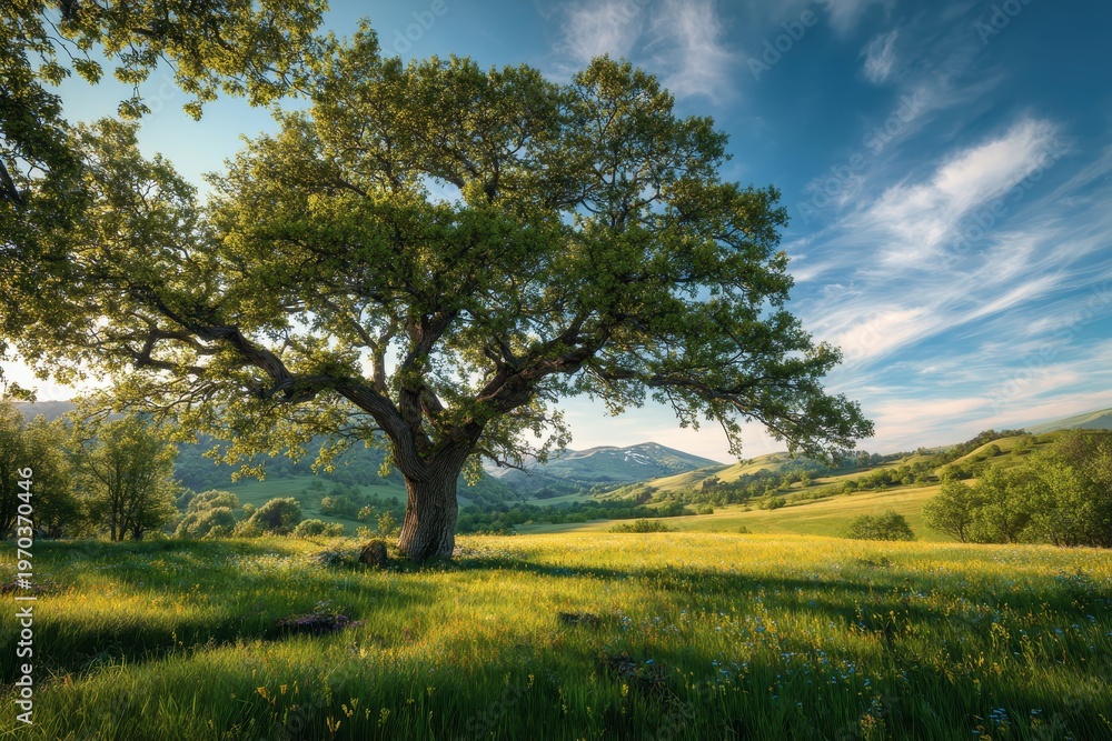 Fototapeta premium Golden hour scene: grand oak spreading shade across a blooming meadow