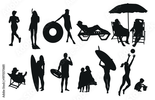 Summer beach people silhouettes set, vacation, surfing, relaxation activities collection.