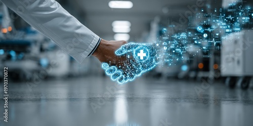 Doctor hand shaking digital robotic hand with medical interface icons representing ai healthcare collaboration