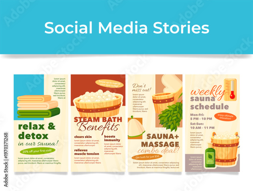 Social media story templates featuring saunas, steam rooms, massages, detox programs, and weekly wellness and relaxation plans.