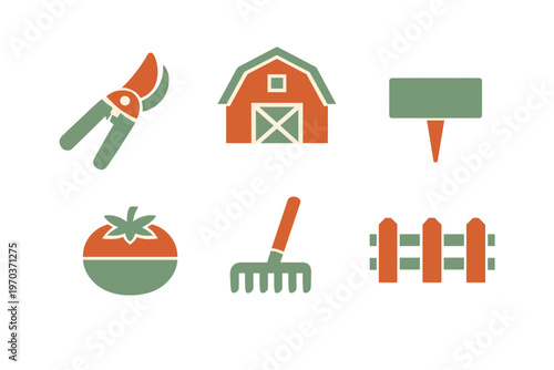 A set of six gardening and farming icons including pruning shears, a