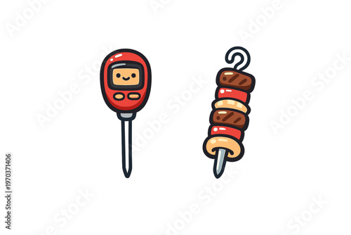 A cute cartoon illustration of a red digital meat thermometer with a