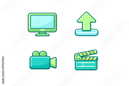 A set of four stylized vector icons featuring a computer monitor, an