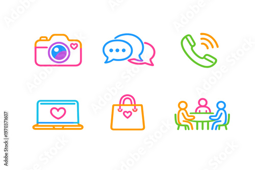 A set of six colorful line icons representing social interaction