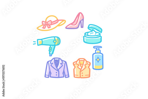 A collection of colorful fashion and beauty icons including a sun