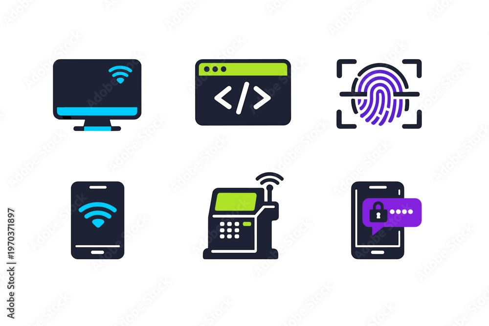 Fototapeta premium A collection of six modern technology icons featuring a computer