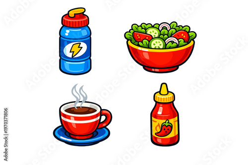 A collection of four vibrant cartoon icons featuring a blue sports