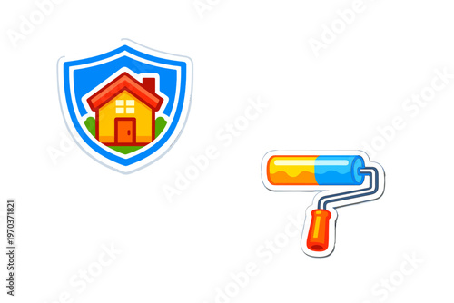 A set of two cartoon stickers featuring a yellow house within a blue