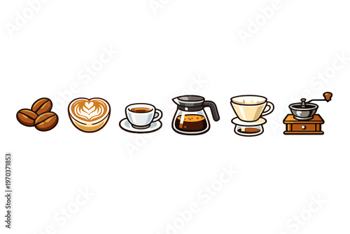 Set of six coffee-themed illustrations featuring roasted beans, latte