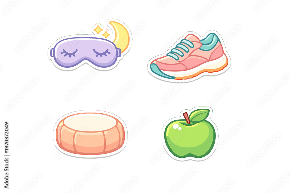 Fototapeta premium Set of four cartoon stickers representing healthy habits with a sleep