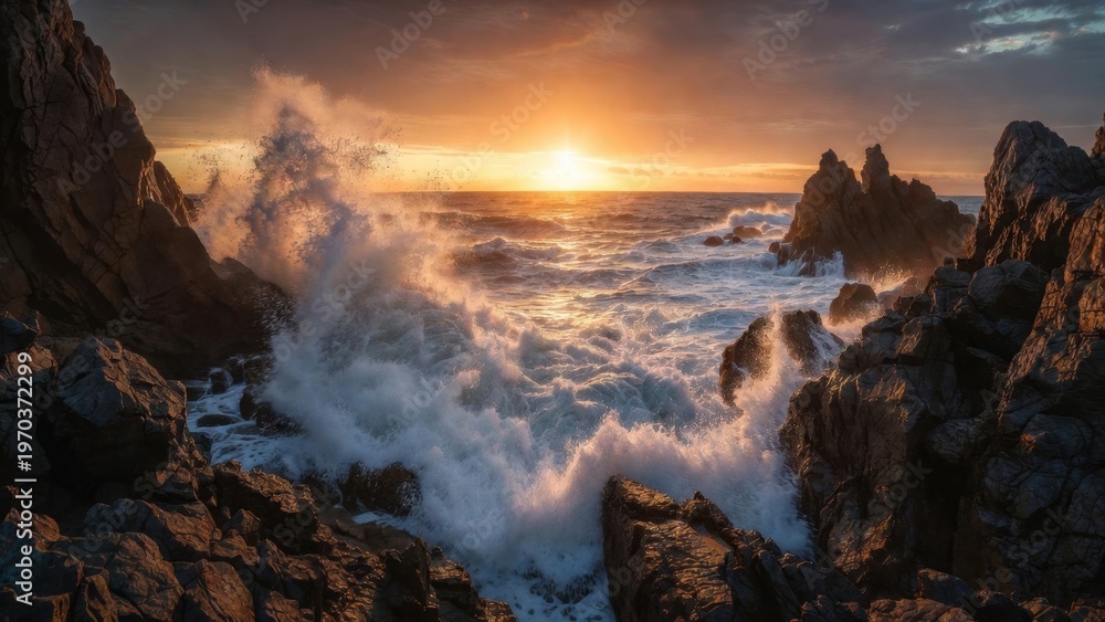 Fototapeta premium Cliff encircled cove with crashing surf and sunset horizon