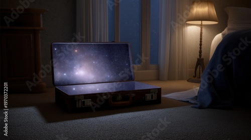 Surreal scene of an open suitcase on a bedroom floor revealing a starry universe inside, evoking curiosity and wonder.