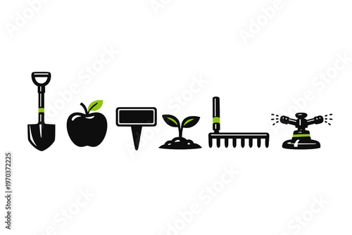A minimalist set of six gardening icons featuring a shovel, an apple