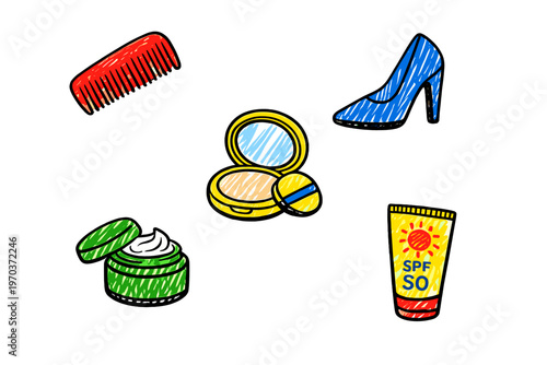 A collection of hand-drawn beauty and fashion illustrations including