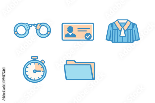A set of five flat vector icons featuring law enforcement and legal
