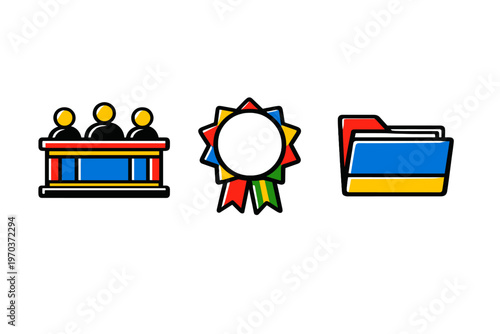 A collection of three colorful vector icons including a panel of