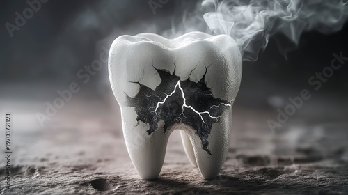 A cracked tooth stands prominently against a dark background, surrounded by swirling mist. Striking lightning bolts emerge from the crack, adding an intense and dramatic flair