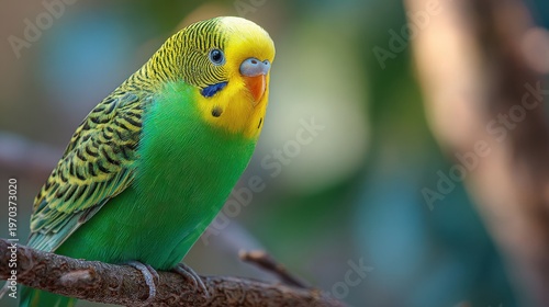Close-up portrait of a budgerigar parakeet with vibrant green plumage and bright orange beak in natural light
