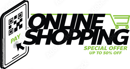 Online shopping illustration with smartphone and shopping cart elements