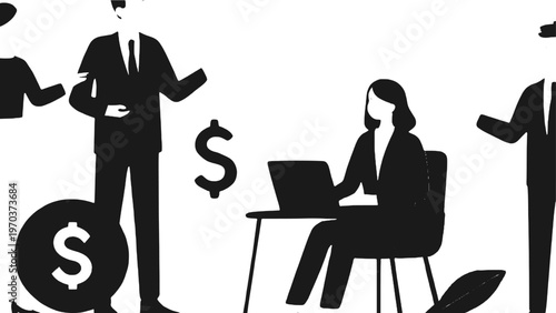Business Professionals with Dollar Sign Illustration: A conceptual illustration depicting business professionals engaged in discussions related to finance and currency.