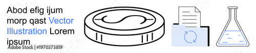 Financial transactions, document updates, lab experiments, science research, recycling processes, business workflow. Coin, rotating document and flask with liquid. Financial transactions