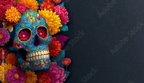 Teal sugar skull surrounded by a profusion of colorful flowers