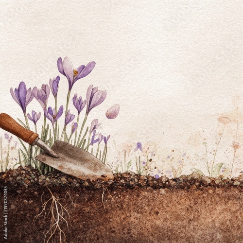 Gentle botanical watercolor: snowdrops in rich soil with gardening tools for spring