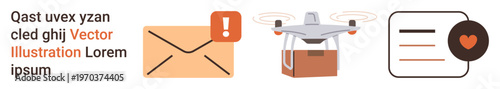 E-commerce, express shipping, online communication, notifications, technology services, digital tools. Envelope with alert, delivery quadcopter message notification. E-commerce and express shipping