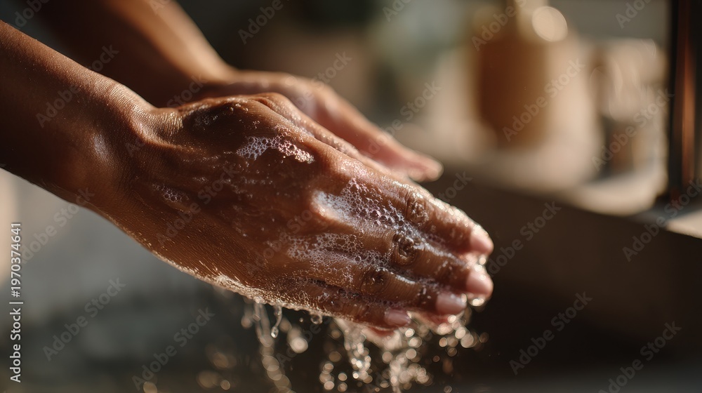 Fototapeta premium Close-up of a Black woman's hands washing with soap, focusing on lather and fingertips in a hygiene moment