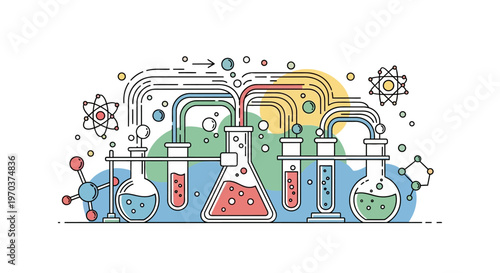 Colorful laboratory glassware and equipment.