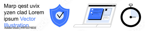 Cybersecurity, data protection, authentication, time management, online safety, efficiency. Visual elements include a shield, laptop screen and stopwatch. Cybersecurity and data protection concept