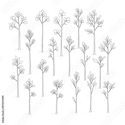 Minimalist Thin-Line Tree Sketches, Hand Drawn Set of Slender Saplings and Young Trees with Sparse Foliage, Elegant Botanical Line Art Vector Set
