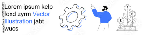 Business solutions, financial investment, technology, teamwork, innovation, entrepreneurship. Gear icon, businessman pointing coin plant growth. Business solutions and financial investment