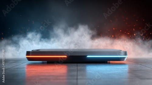 Futuristic platform with glowing blue and red accents, surrounded by mist.