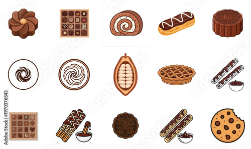 Collection of various chocolate and dessert icons on white background