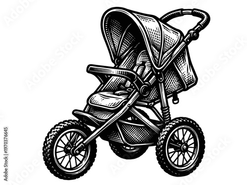 Vintage Jogging Stroller Baby Gear Engraving Illustration Black and White Line Art