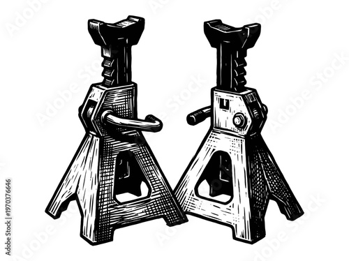 Vintage Automotive Jack Stands Garage Equipment Engraving Illustration Black and White Line Art